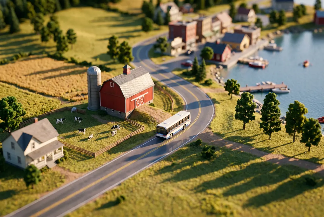Tilt-shift miniature of a regional bus on a country road past a red barn and fields, heading toward a lakeside town