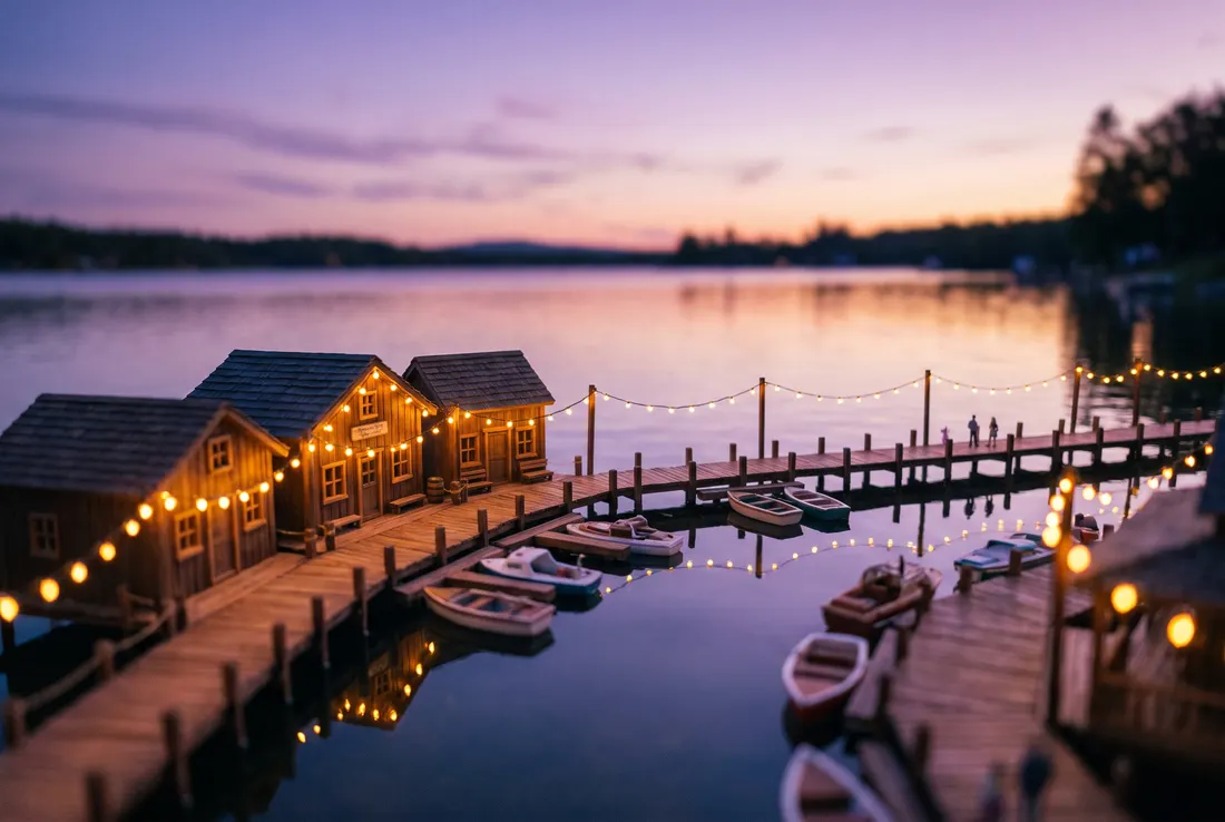 Tilt-shift miniature of a lakeside boardwalk and small marina at dusk, string lights reflected in calm water