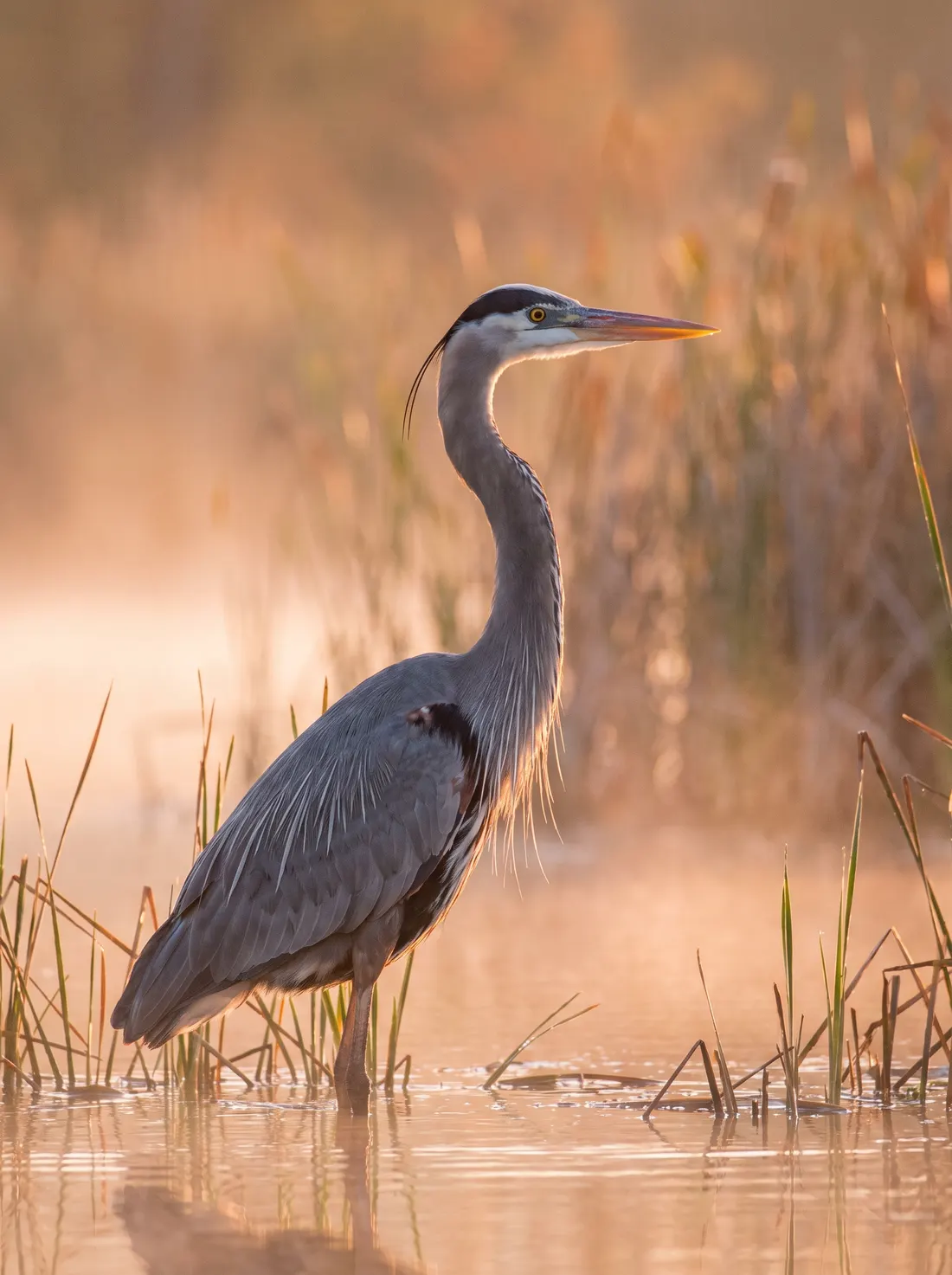 Great blue heron standing in shallow water among reeds at sunrise, mist rising behind it