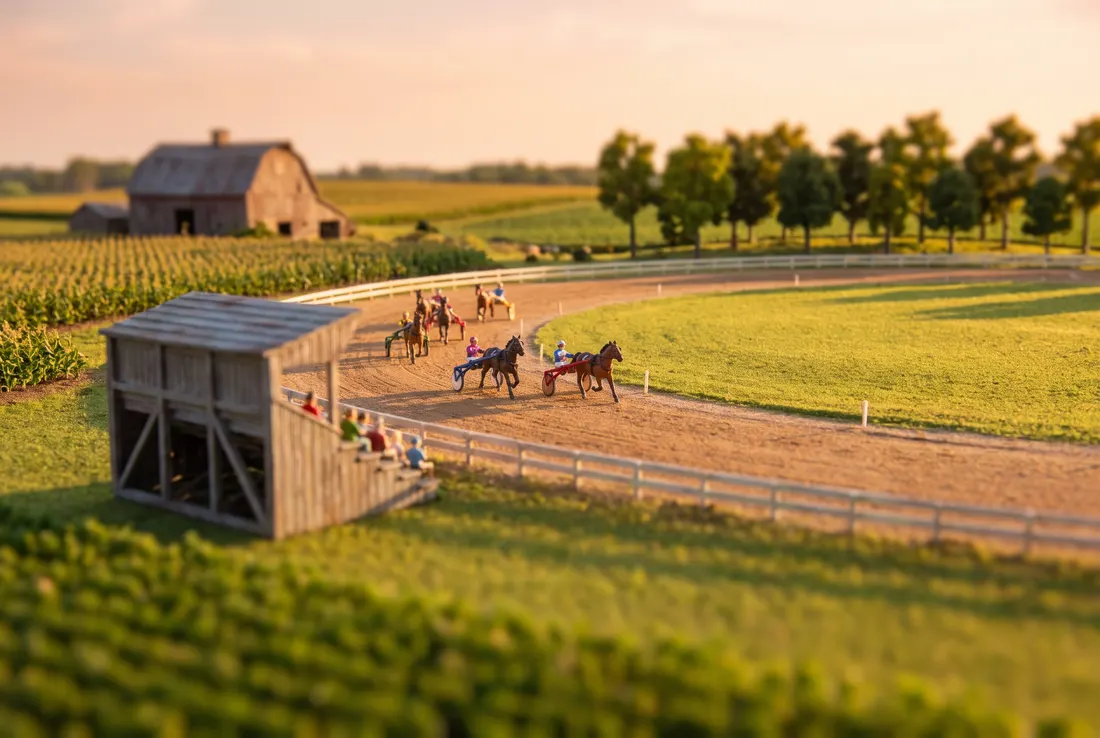 Tilt-shift miniature of a rural harness racing oval with horses and sulkies on a summer evening beside a small wooden grandstand